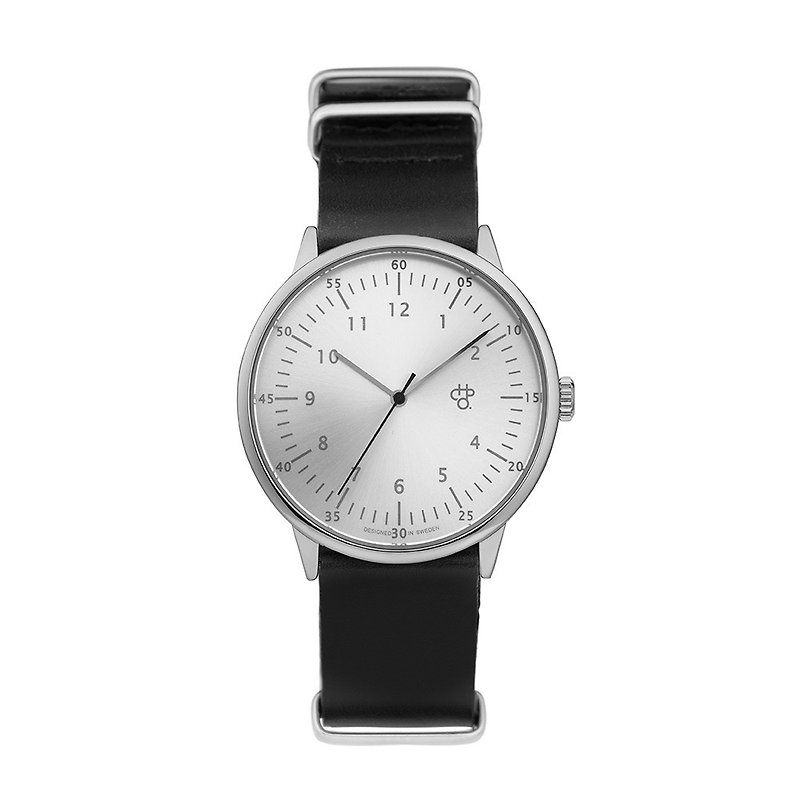 Chpo Brand 瑞典品牌 - Harold系列 銀錶盤黑軍用皮革 手錶 - 男錶/中性錶 - 真皮 黑色