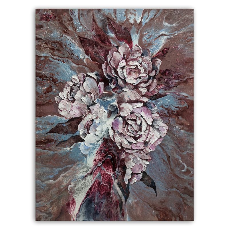 Peony painting flower hand-painted original art impasto oil painting fluid art - 海報/掛畫/掛布 - 其他材質 粉紅色