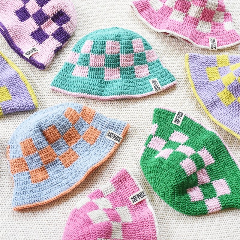 Pastel Crochet Checkered Bucket Hat - 帽 - 棉．麻 多色