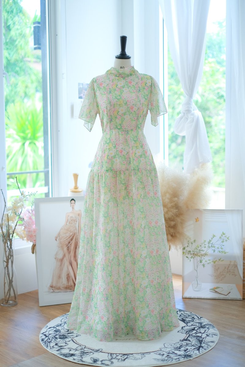 Blue floral bridesmaid dress Wedding guest dress Vintage inspired maxi dress - 洋裝/連身裙 - 聚酯纖維 綠色