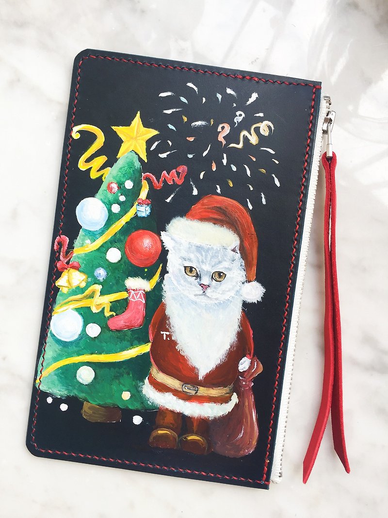 Hand-painted pattern Christmas cat leather coin purse | Mobile phone bag | Small wallet | Clutch bag - กระเป๋าคลัทช์ - หนังแท้ สีน้ำเงิน