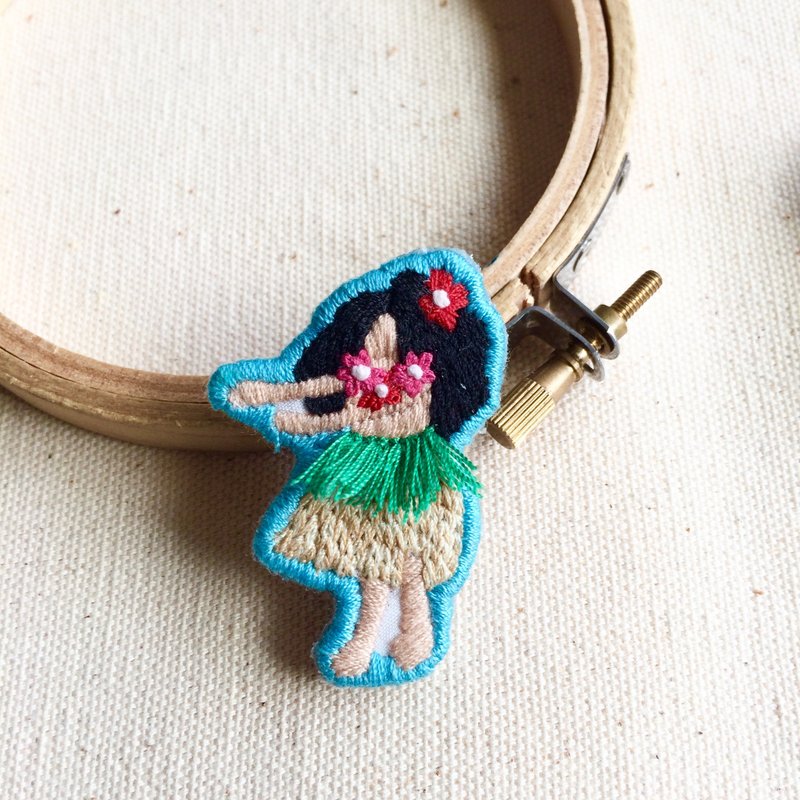 Hand-made embroidery * Hula Girl swinging tassels brooch - เข็มกลัด - งานปัก สีน้ำเงิน