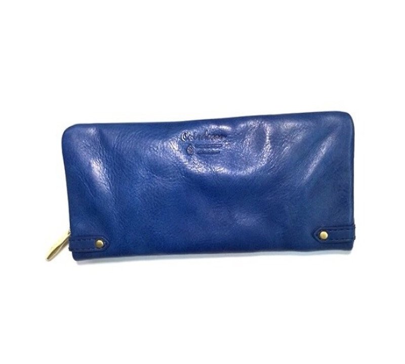 CU187BL long wallet round long leather leather unisex Italian leather - กระเป๋าสตางค์ - หนังแท้ สีน้ำเงิน