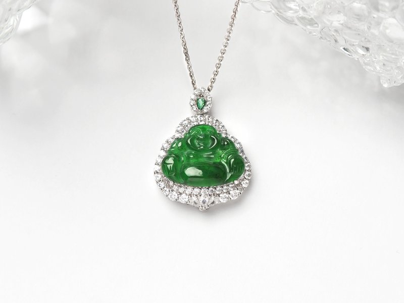 Fuzhi | Ice green Maitreya Buddha jade | Natural grade A jadeite necklace - Necklaces - Jade Green