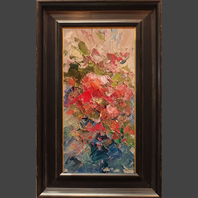 Flowers painting, Handmade Abstract Oil Painting Roses in the gardenoil on board - 壁貼/牆壁裝飾 - 其他材質 