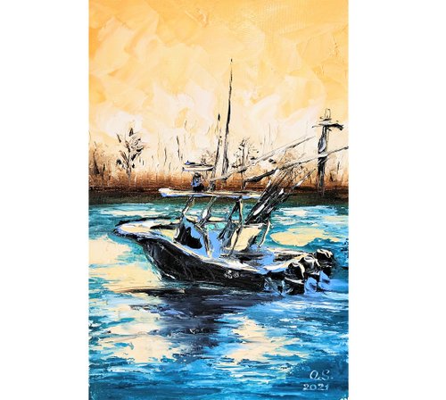 油絵　ボート　自然 キャンバスボートの風景の元の海景油絵テクスチャインパスト