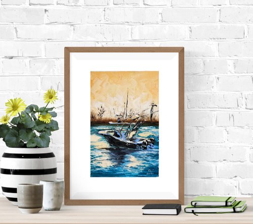 油絵　ボート　自然 キャンバスボートの風景の元の海景油絵テクスチャインパスト