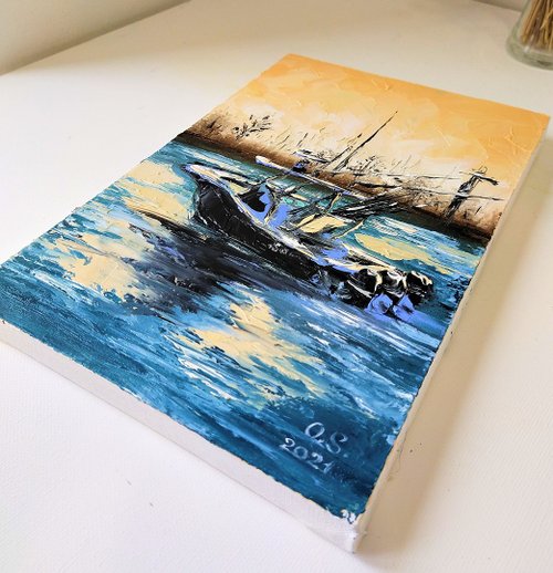 ボートの絵 海景 オリジナルアートワーク 油絵 30x20 cm/ 12 x 8