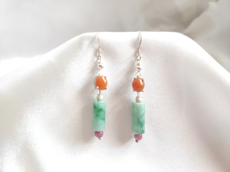 s925 sterling silver natural jadeite A-grade ice emerald green jade tube and honey red egg earrings | Handmade custom - Earrings & Clip-ons - Jade 