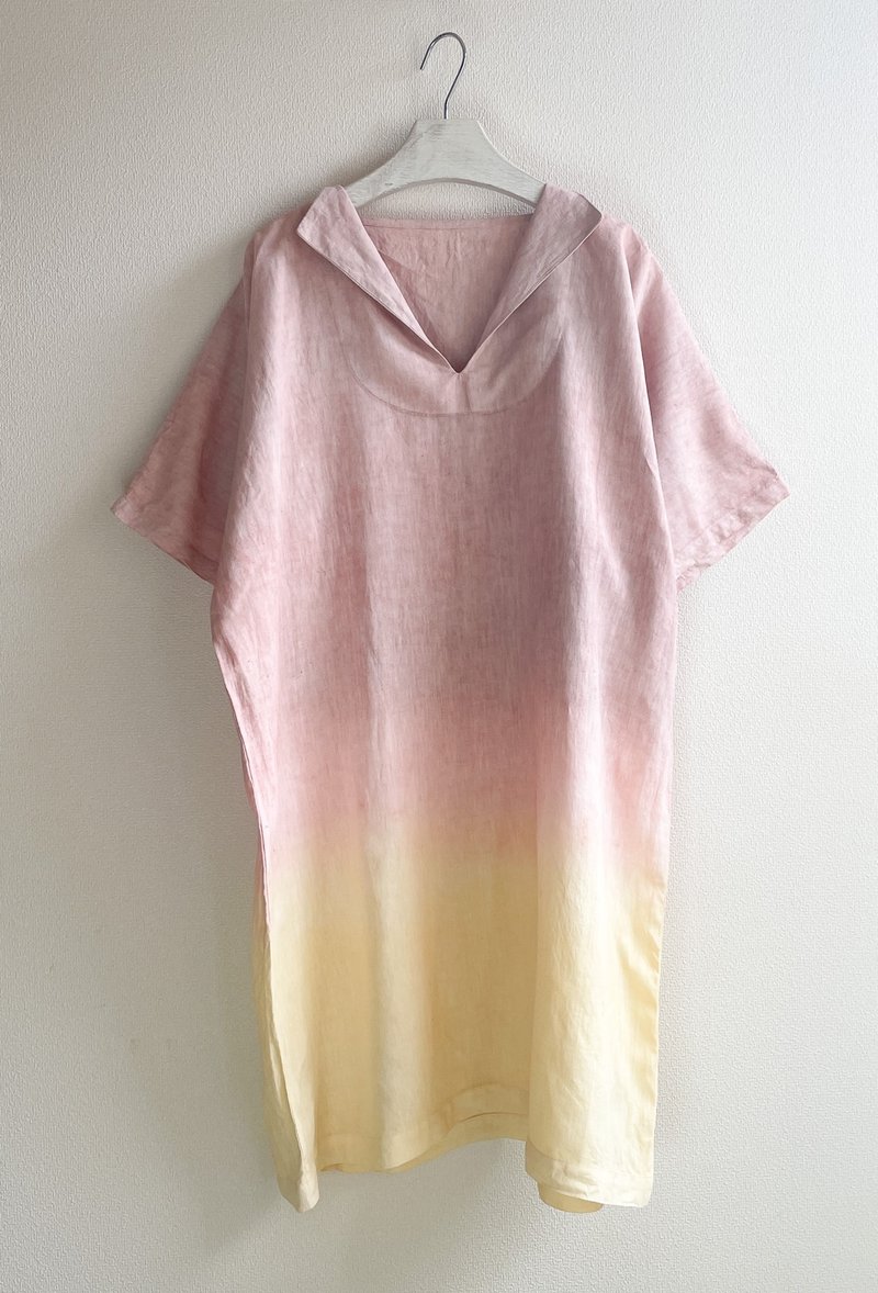 Made in Japan A relaxing French Linen dress in a soft, gentle, mud-dyed sunset color. - ชุดเดรส - ผ้าฝ้าย/ผ้าลินิน สีเหลือง