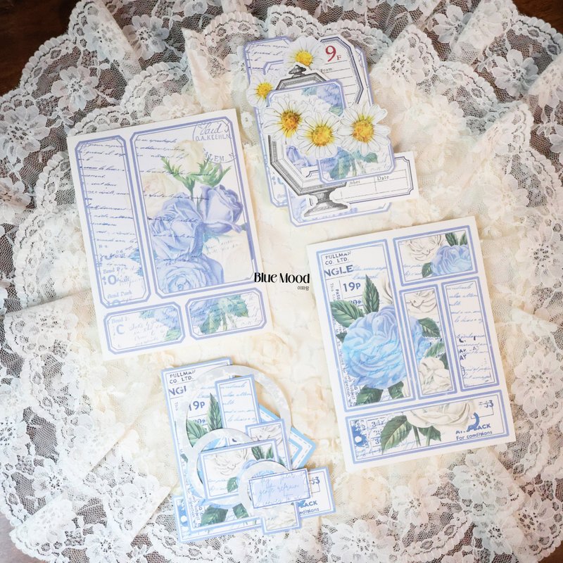 Vintage. Shiny blue flower label - 貼紙 - 紙 藍色