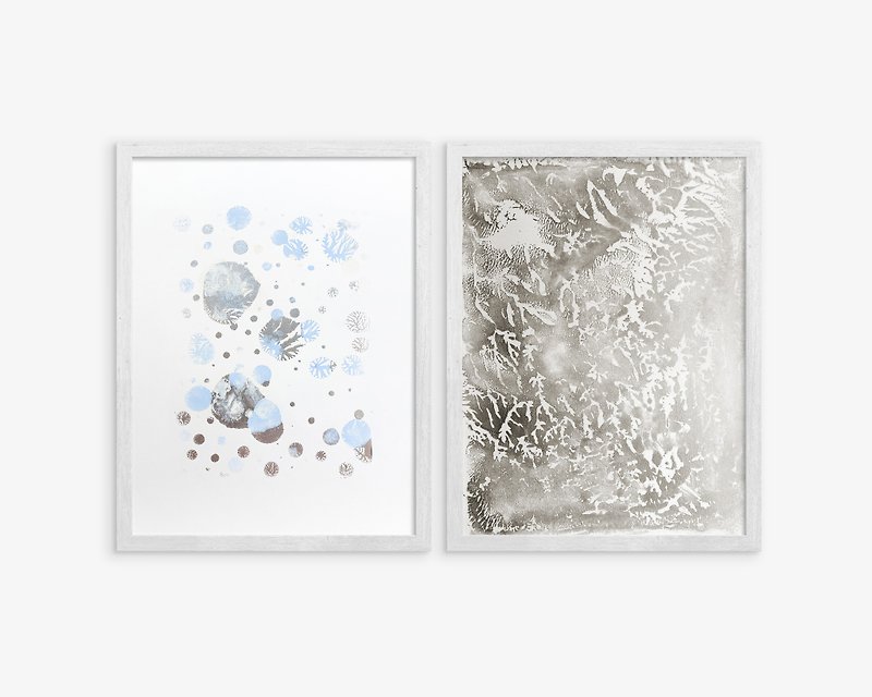 Abstract blue snow Silver relief texture Winter gallery wall set of 2 art prints - Posters - Paper Silver