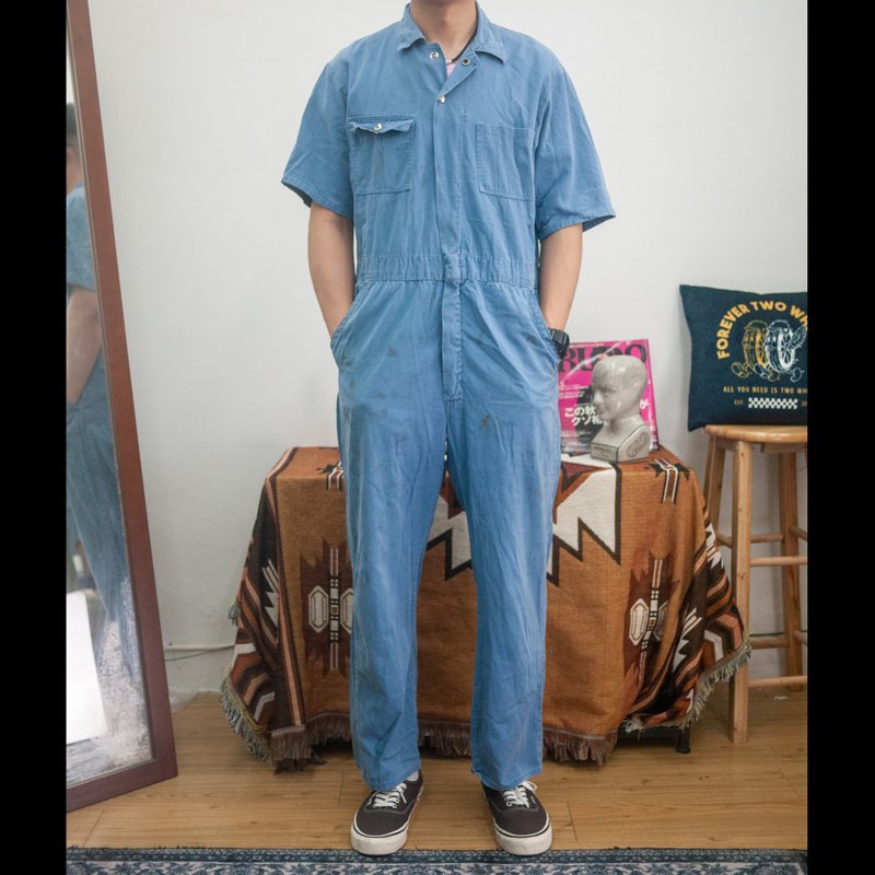 水藍 舊化 短袖 連身工作服 COVERALLS 剪標品 古著 二手 - 男長褲/休閒褲 - 棉．麻 藍色