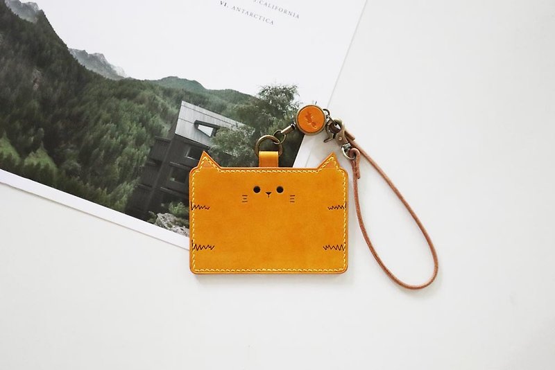 Tangerine Cat Genuine Leather Card Holder Easy Travel Card Holder with Retractable Lanyard Free Lettering - ID & Badge Holders - Genuine Leather Orange