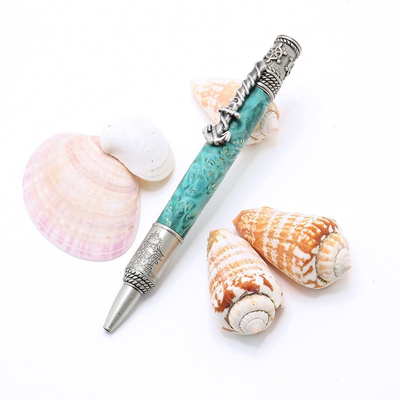 Ship and Sea Nautical Wooden Ballpoint Twist Pen Dyed Maple Pewter - 原子筆 - 木頭 藍色