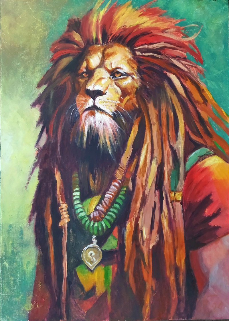 Original oil painting on canvas Reggie the Lion - 海報/掛畫/掛布 - 棉．麻 綠色