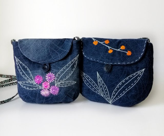 刺繍ミニバッグ、デニムミニ財布、ハンドメイドクロスボディバッグ