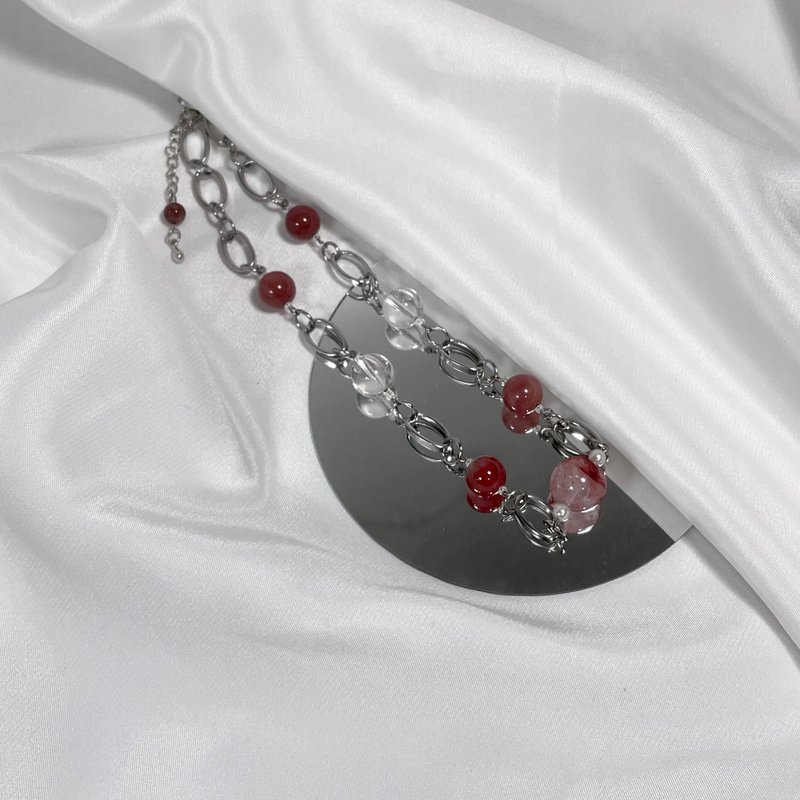 Romantic and beautiful rose red gum flower + southern red + silver hair crystal designer handmade necklace natural mineral crystal - Necklaces - Crystal 