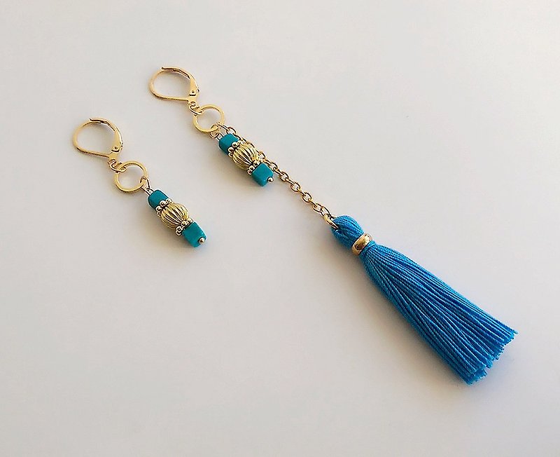 [Gemstone Series] Hand-made Natural Ore Turquoise Brass Fringes • Earrings (changeable clip type) - Earrings & Clip-ons - Gemstone Blue