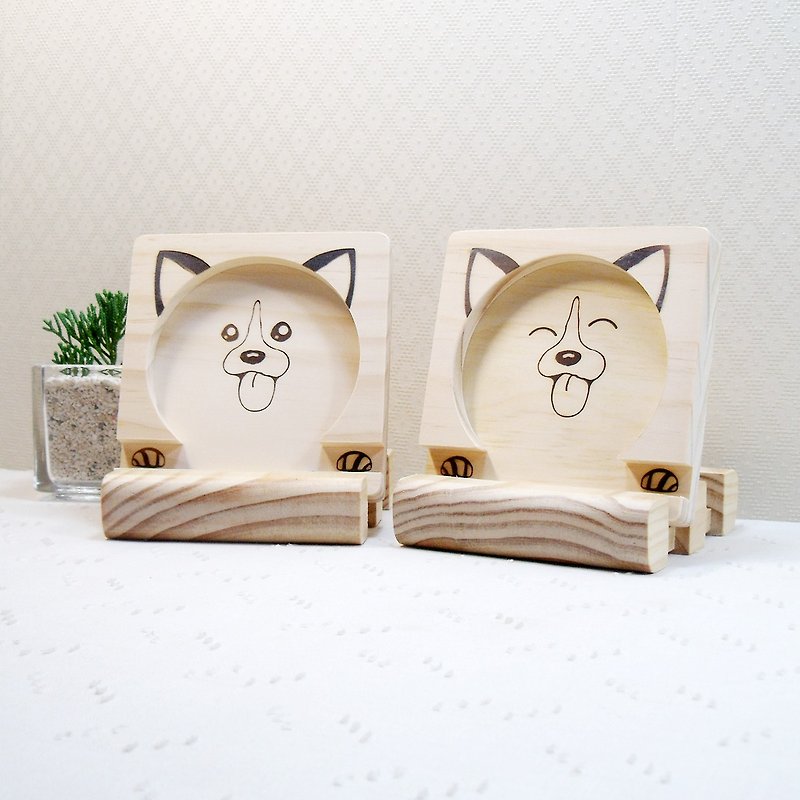 Corgi dog happy into a pair of pairs of mobile phone holder coasters storage seat birthday gift customized text - Phone Stands & Dust Plugs - Wood 
