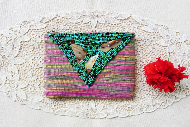 80s Handmade Bohemian Straw Beads and Shells Purse,cute clutch,hippie makeup bag - 手拿包 - 植物．花 多色