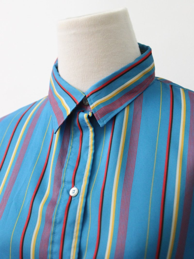 Vintage water-blue striped long-sleeved vintage shirt vintage blouse - Women's Shirts - Polyester Blue