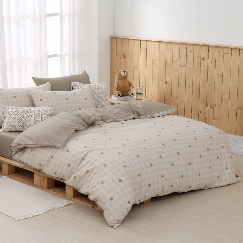 HOYACASA 精梳棉兩用被床包組(天絲入棉30%)－萌熊物語 (單/雙/加 - 寢具/床包 - 棉．麻 卡其色