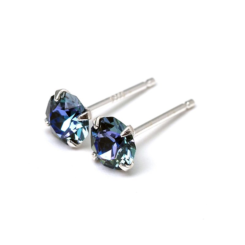 Aquamarine Blue - Sterling Silver 5mm Round - Small Blue Earrings - ต่างหู - เงินแท้ สีน้ำเงิน
