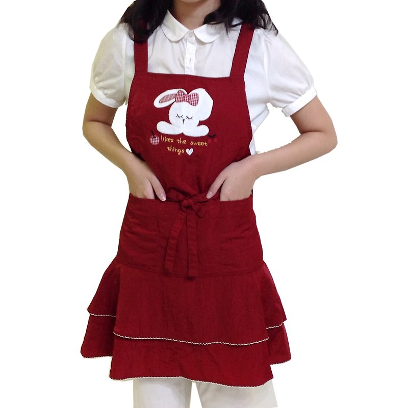 [BEAR BOY] Mercerized Cotton 3 Pocket Apron-Apple Bunny Apron-Red - ผ้ากันเปื้อน - วัสดุอื่นๆ 