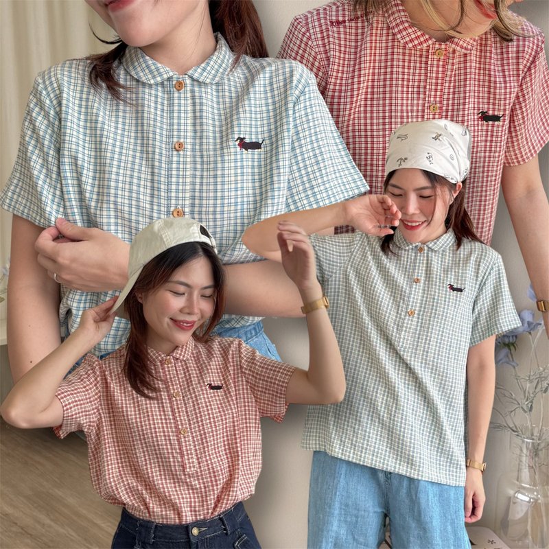 臘腸狗系列 Lulu Shirt : Dachshund Collections - 女襯衫 - 棉．麻 藍色