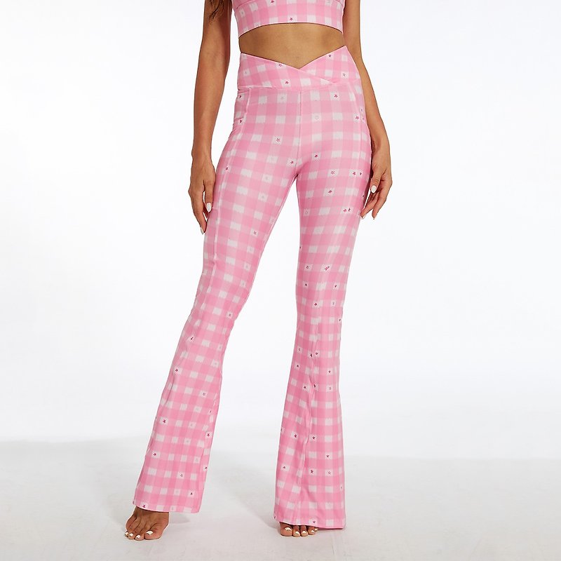 SILVERWIND芭比粉格子緊身高彈顯瘦瑜伽褲健身高腰提臀微叭運動褲 - 運動褲/緊身褲 - 環保材質 粉紅色