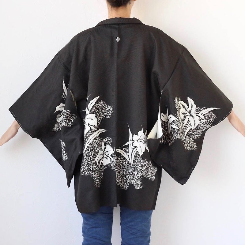 floral kimono jacket, kimono, kimono jacket, black haori, Japanese kimono /2896 - เสื้อแจ็คเก็ต - ผ้าไหม สีดำ