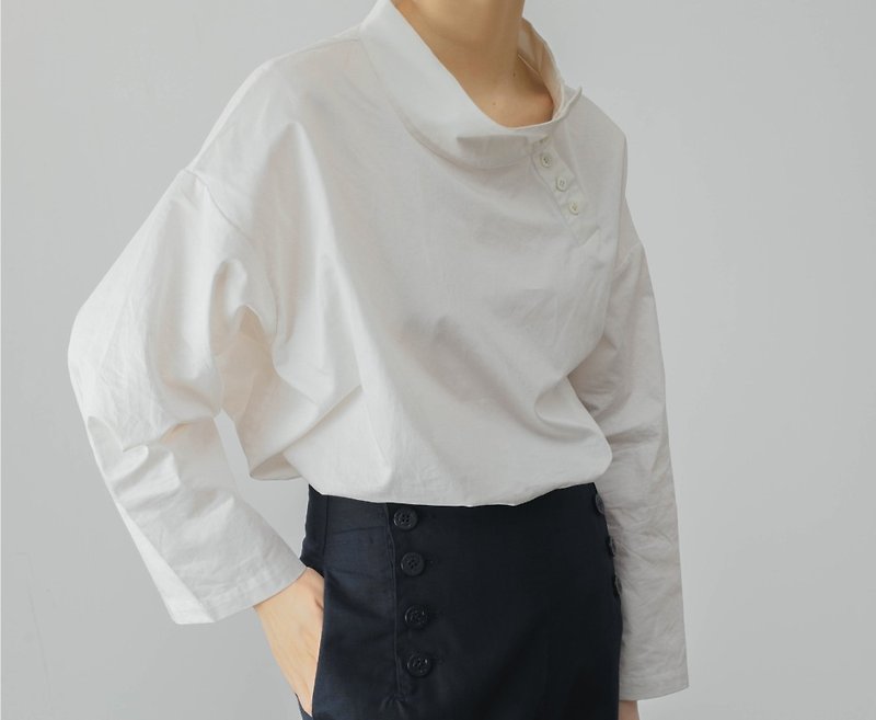 French retro girly design white cotton silhouette loose collar shirt - Women's Shirts - Cotton & Hemp White