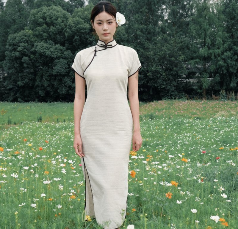 【既白】新中式復古中國風/天絲亞麻/一片式旗袍 - 旗袍/改良式旗袍 - 絲．絹 白色