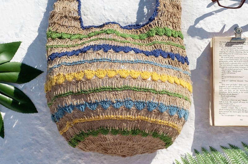 Natural cotton Linen crocheted portable bag / oblique backpack / shoulder bag / shoulder bag / bag mesh bag / bag cylinder - Sky Blue - Messenger Bags & Sling Bags - Cotton & Hemp Multicolor