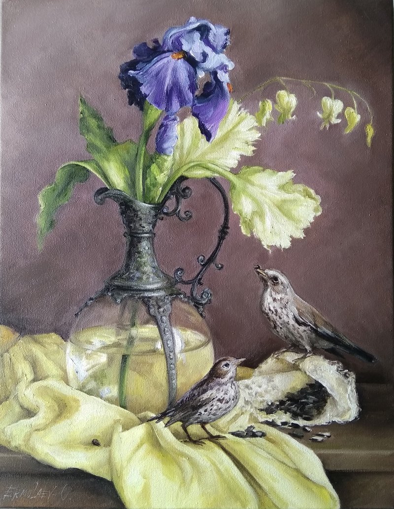 透明花瓶中的鳶尾花花束油畫 - 壁貼/牆壁裝飾 - 其他材質 黃色