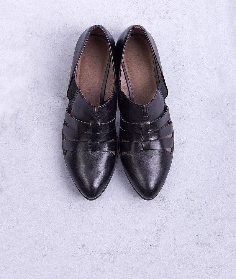 【復刻女爵】條紋鏤空紳士便鞋_復古黑 - 女款牛津鞋 - 真皮 黑色