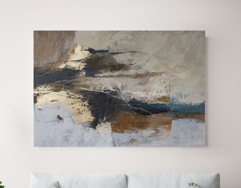 Blue Brown Canvas | Abstract Painting Brown Golden Beige Blue | Delight 2 - 壁貼/牆壁裝飾 - 棉．麻 咖啡色