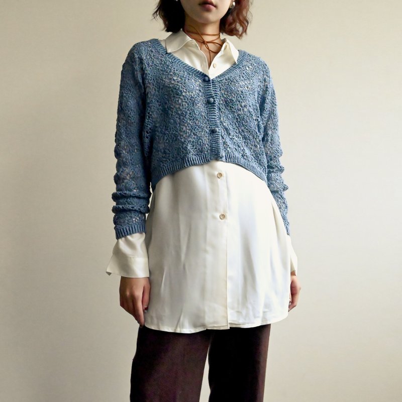 【NaSuBi Vintage】Delicate hollow woven floral cotton vintage knitted top - Women's Sweaters - Cotton & Hemp Blue