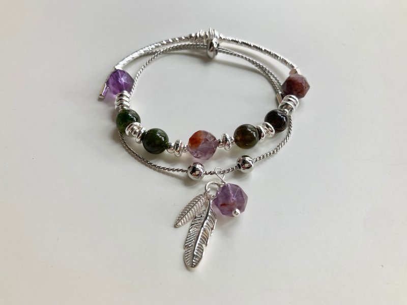 Amethyst X Green Tourmaline Premium Mysterious Bracelet with Retractable Chain - สร้อยข้อมือ - คริสตัล 