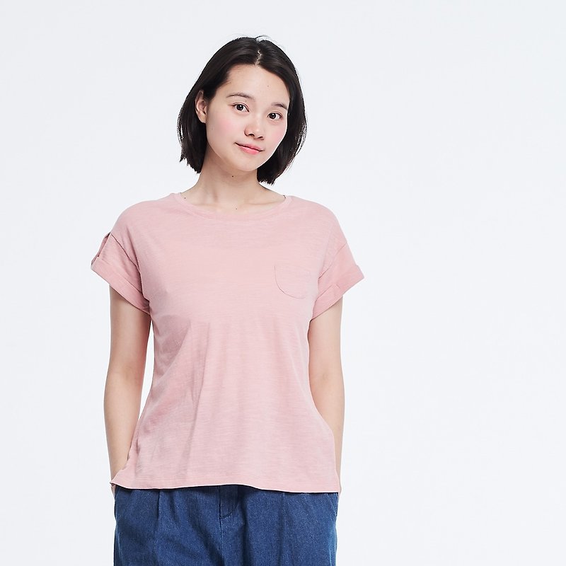 Slub yarn fabric cuff sleeve button shirt /Pink - Women's T-Shirts - Cotton & Hemp Pink
