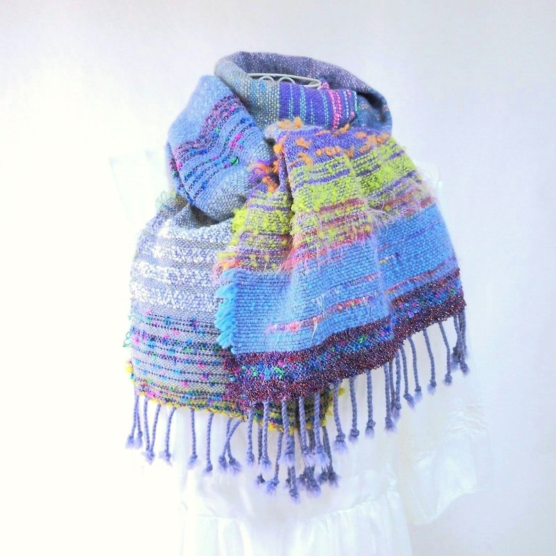 Hand-woven wool long stole, Spring riverside - Knit Scarves & Wraps - Wool Blue