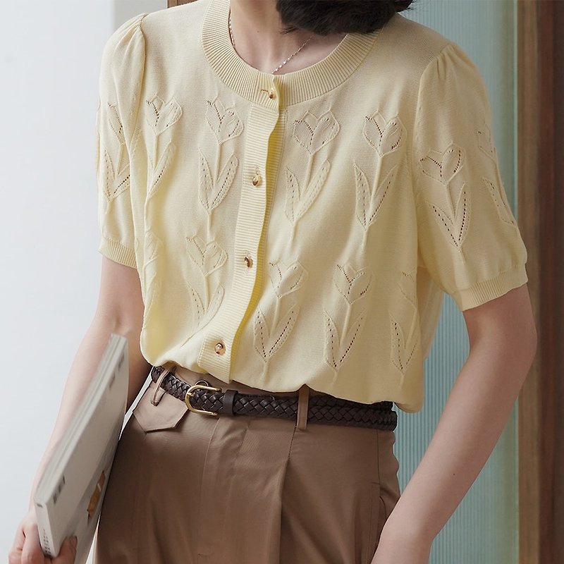 圓領提花鏤空清涼針織衫|短衫|兩色|夏款|Sora-720 - 毛衣/針織衫 - 其他材質 多色
