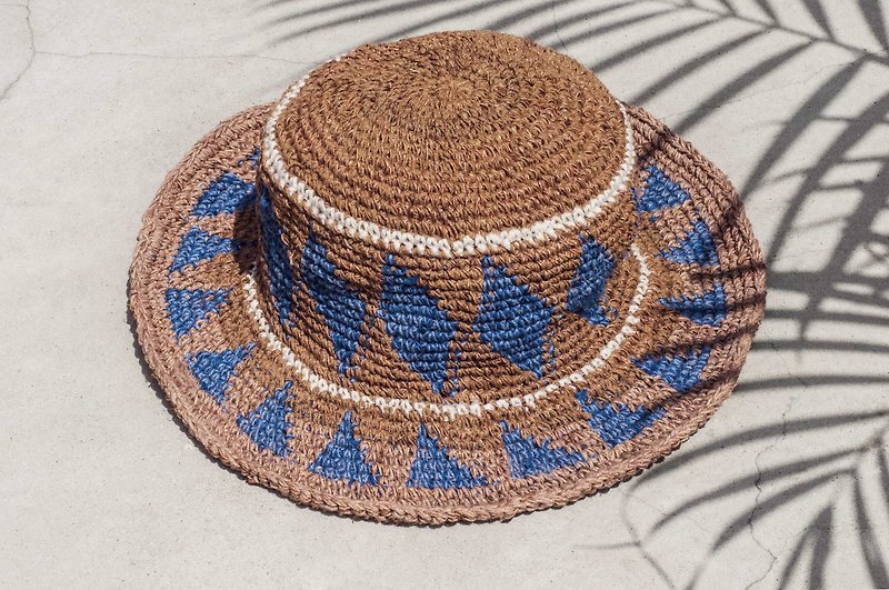 Hand crochet cotton hat fisherman hat visor straw hat knit hat - South American style coffee sun ray - Hats & Caps - Cotton & Hemp Brown