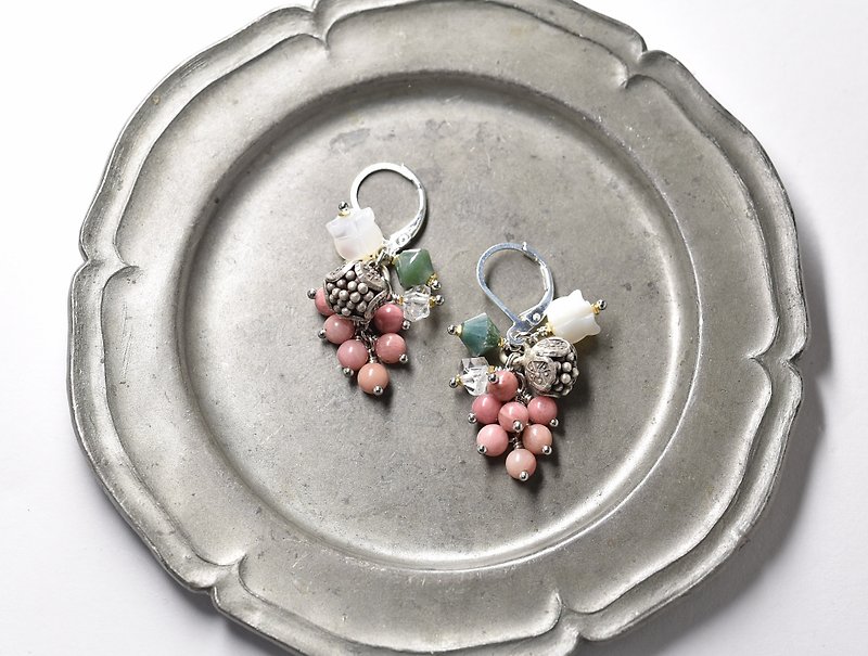 Rhodonite and moss agate, white butterfly shell lily of the valley, Herkimer diamond, colon and round flower Karen Silver earrings