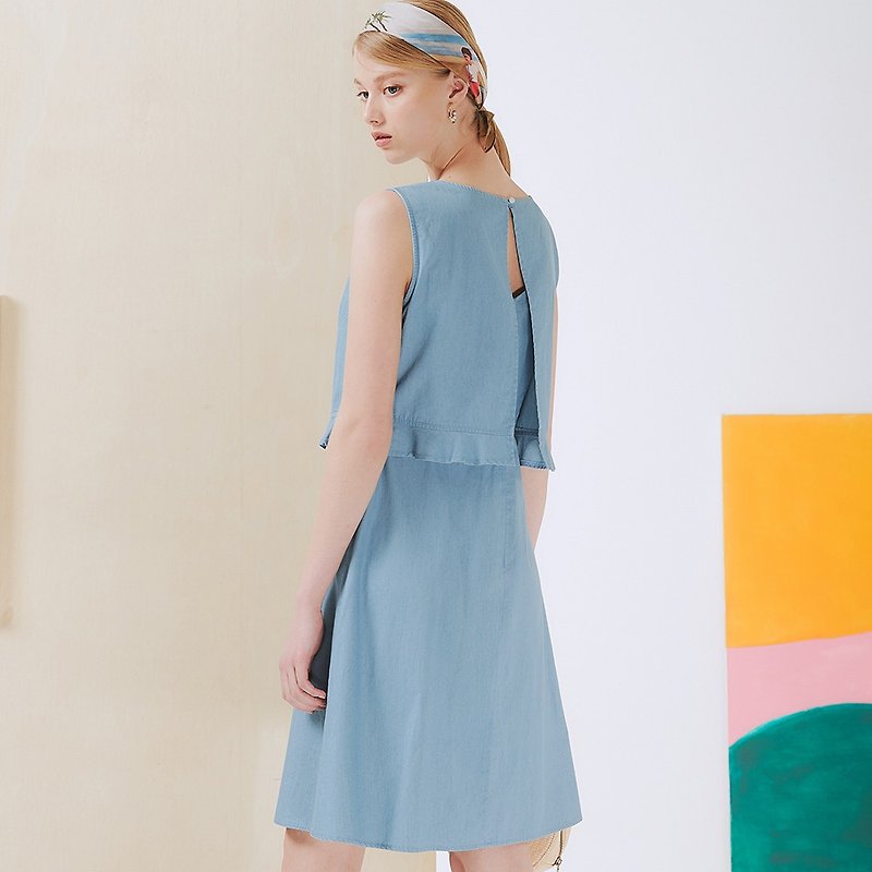 OUWEY Ouwei faux two piece denim-like sleeveless dress (light blue) 3212078739 - ชุดเดรส - ผ้าฝ้าย/ผ้าลินิน 