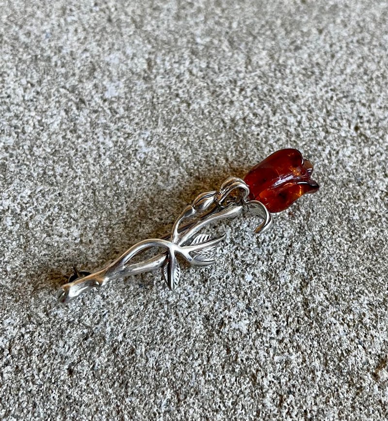 3-D Carved Baltic Amber Rose Flower Brooch Pin - Brooches - Sterling Silver 