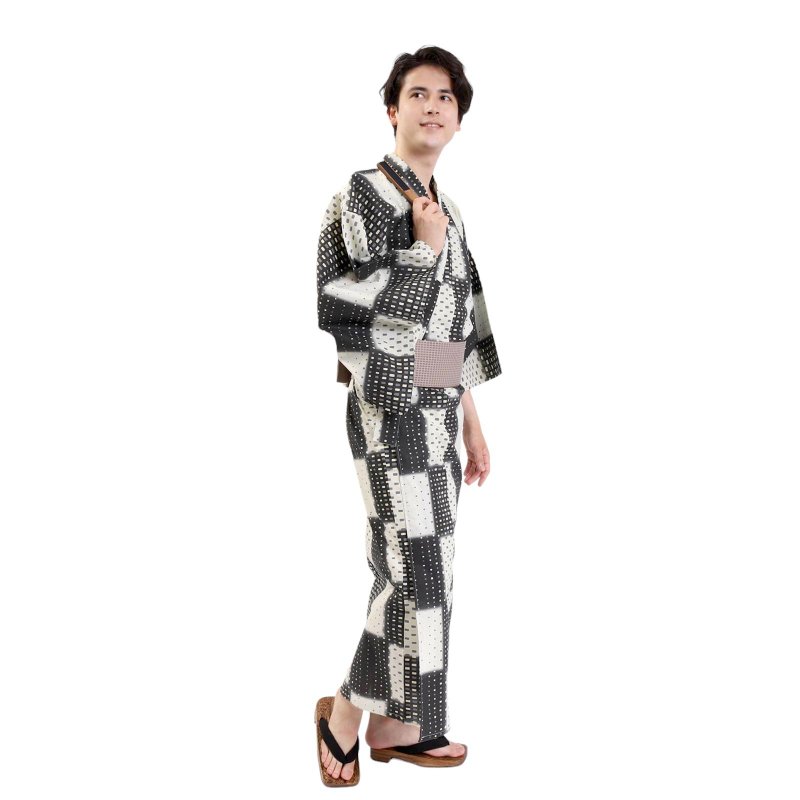 Men's cotton yukata belt 2-piece set SML size Z32-16C yukata - Other - Cotton & Hemp Black