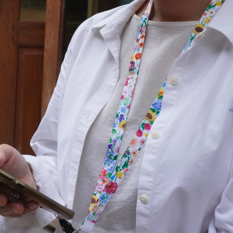 Card lanyard, white flower lover pattern, white flower field - Lanyards & Straps - Polyester White