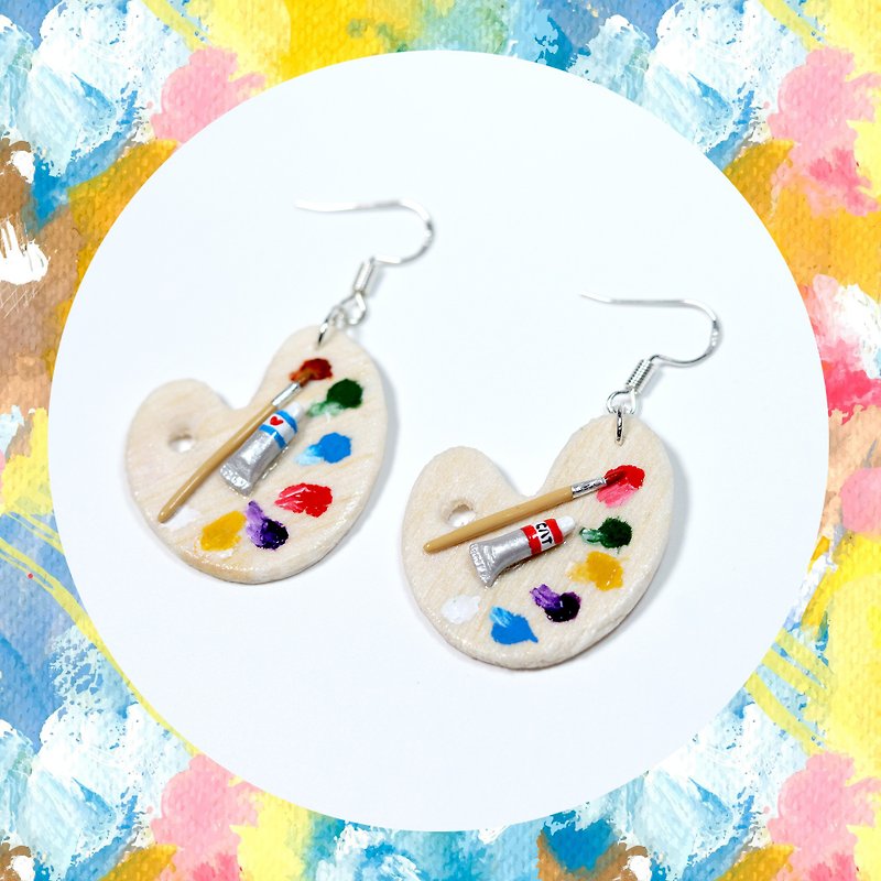 Color plate Earrings, Color plate and brush miniature, Dangle & Drop Earrings - Earrings & Clip-ons - Clay Multicolor
